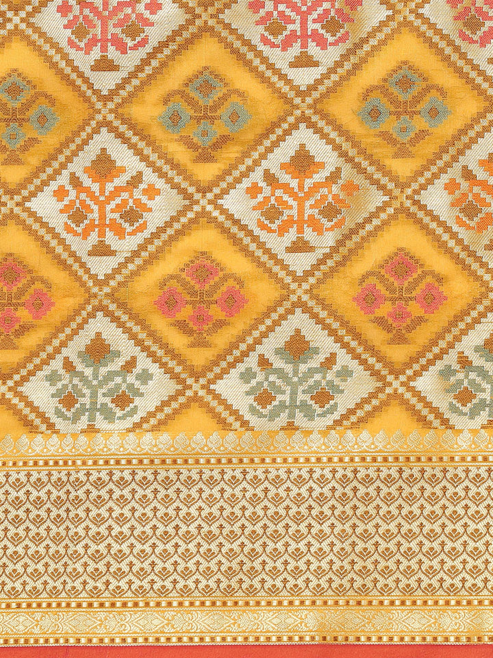 Yellow Banarasi Geometric Resham & Zari Woven Silk Saree