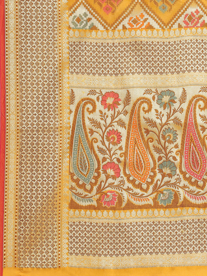 Yellow Banarasi Geometric Resham & Zari Woven Silk Saree