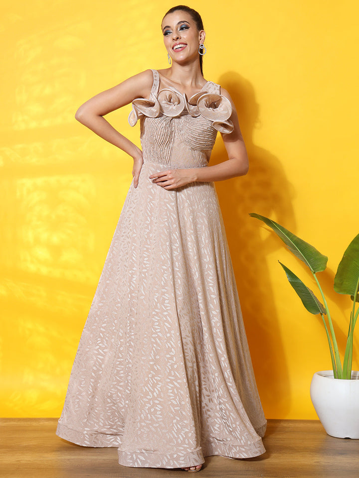 Textured Flowy Cocktail Gown with Structured Ruffled Yoke