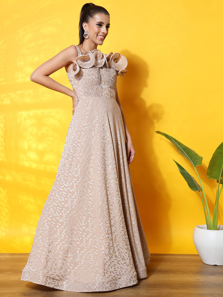 Textured Flowy Cocktail Gown with Structured Ruffled Yoke