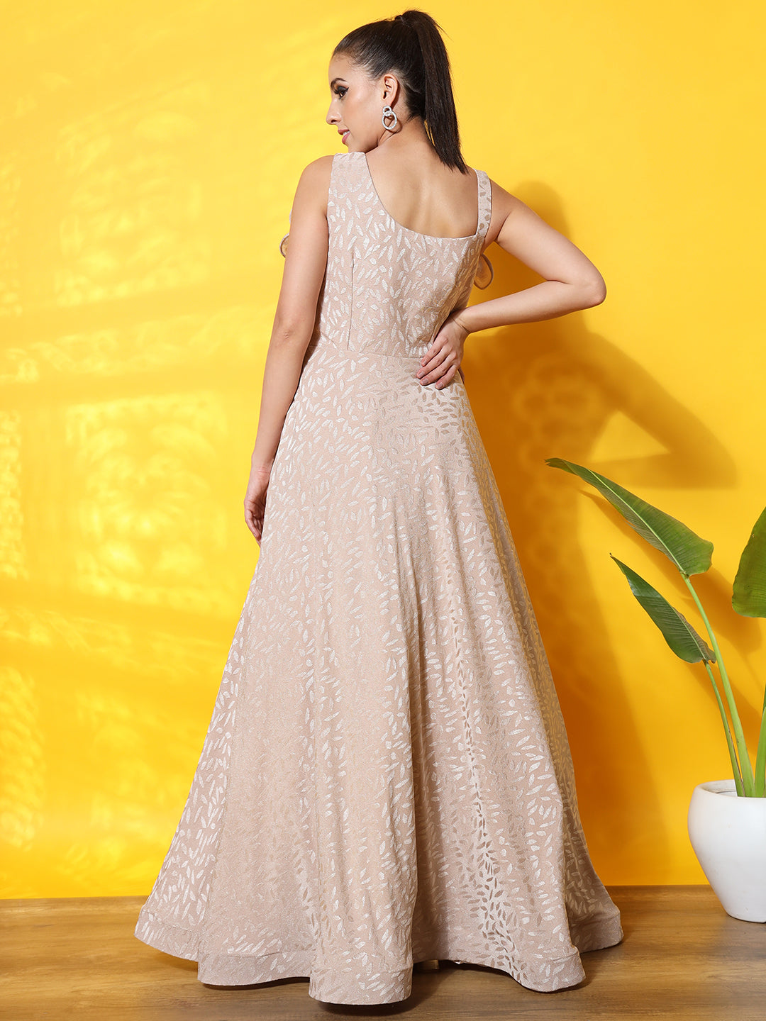 Textured Flowy Cocktail Gown with Structured Ruffled Yoke