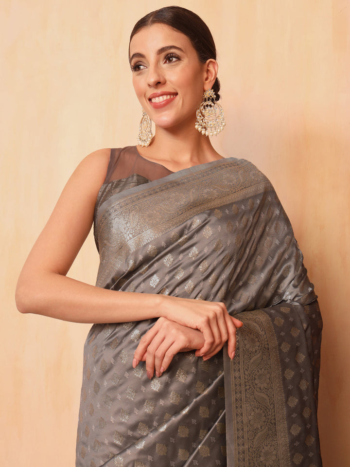 Grey Resham & Zari Woven Traditional Silk Banarasi Saree