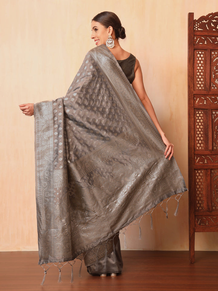 Grey Resham & Zari Woven Traditional Silk Banarasi Saree
