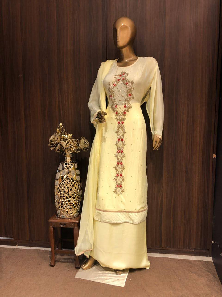 Chiffon Dress Material with Embroidery and zari Work with Pure Chiffon Dupatta