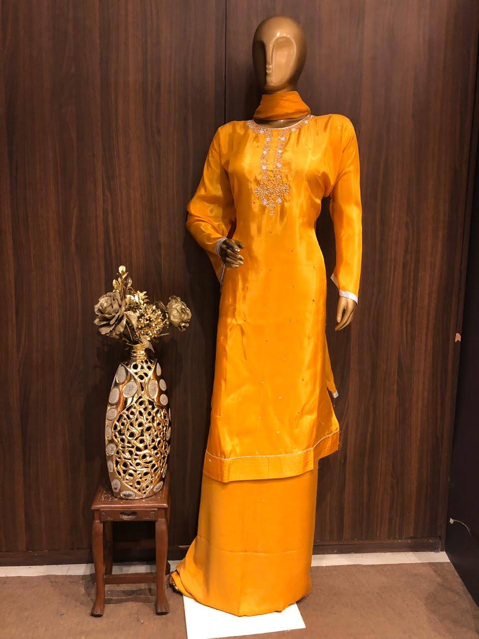 Crepe Silk Dress Material with Zarkan Work  and Chiffon Dupatta