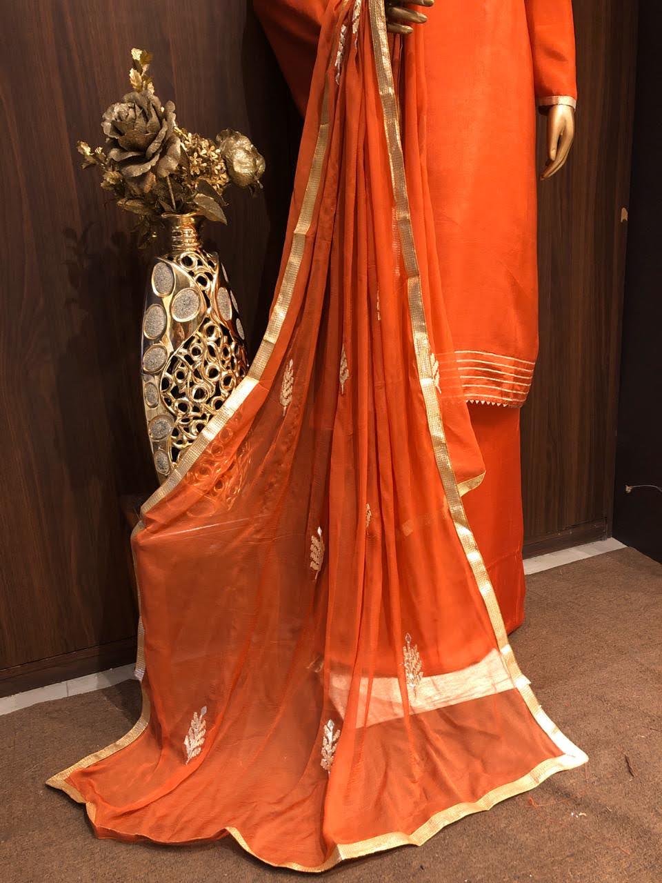 Crepe Silk Dress Material with Gota Patti Work and Chiffon Dupatta