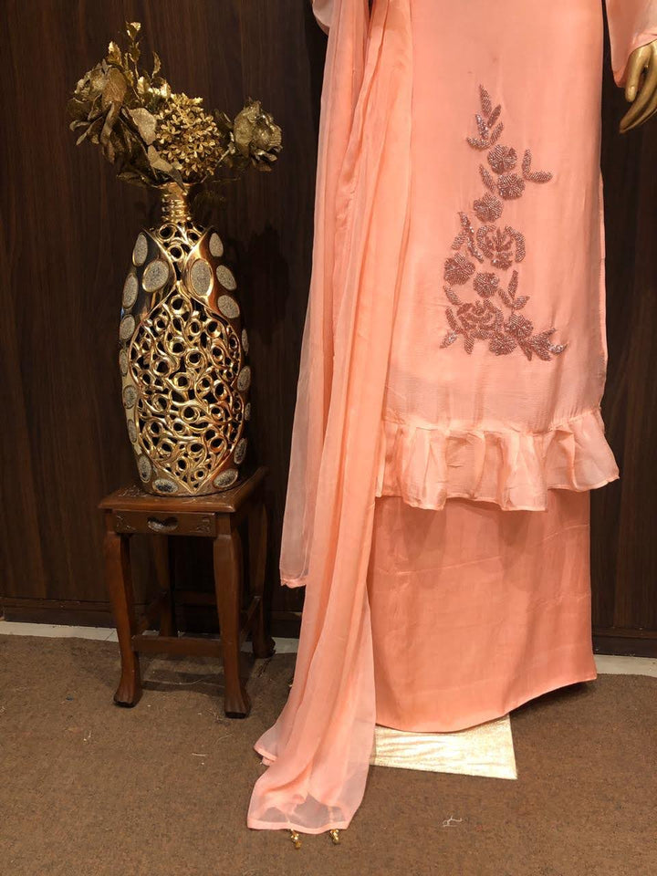 Crepe Silk Dress Material with Hand Work and Chiffon Dupatta