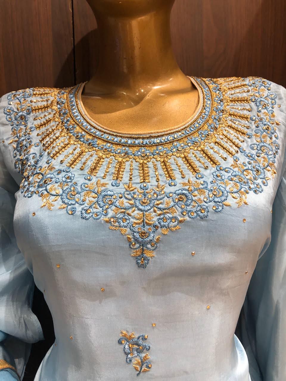 Crepe Silk Dress Material with Embroidery Work and Chiffon Dupatta