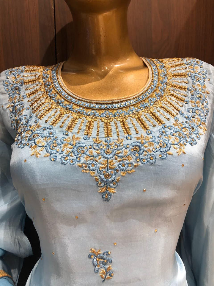 Crepe Silk Dress Material with Embroidery Work and Chiffon Dupatta