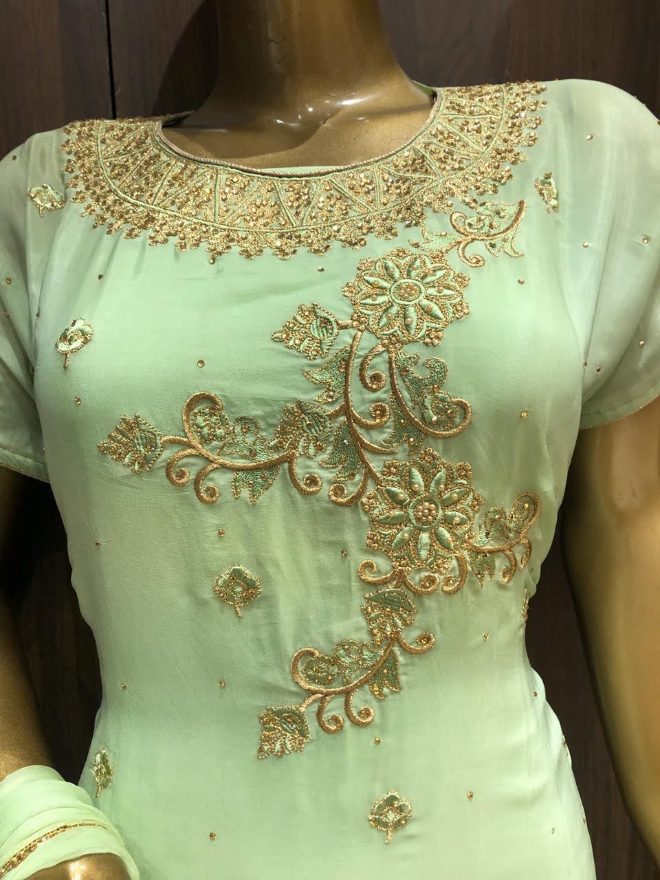 Crepe Silk Dress Material with Embroidery Work and Chiffon Dupatta