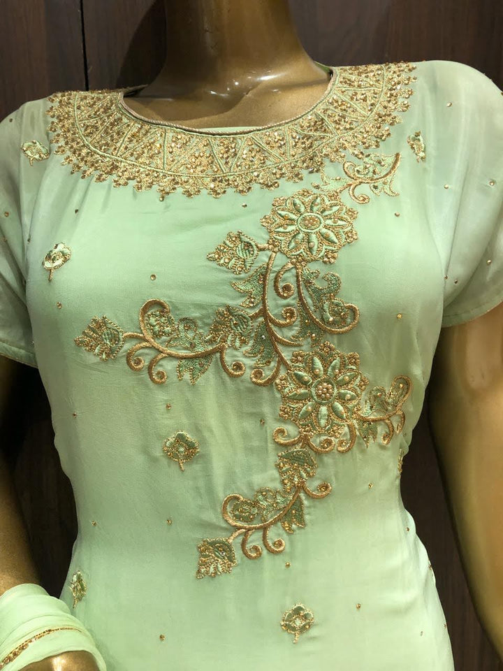 Crepe Silk Dress Material with Embroidery Work and Chiffon Dupatta