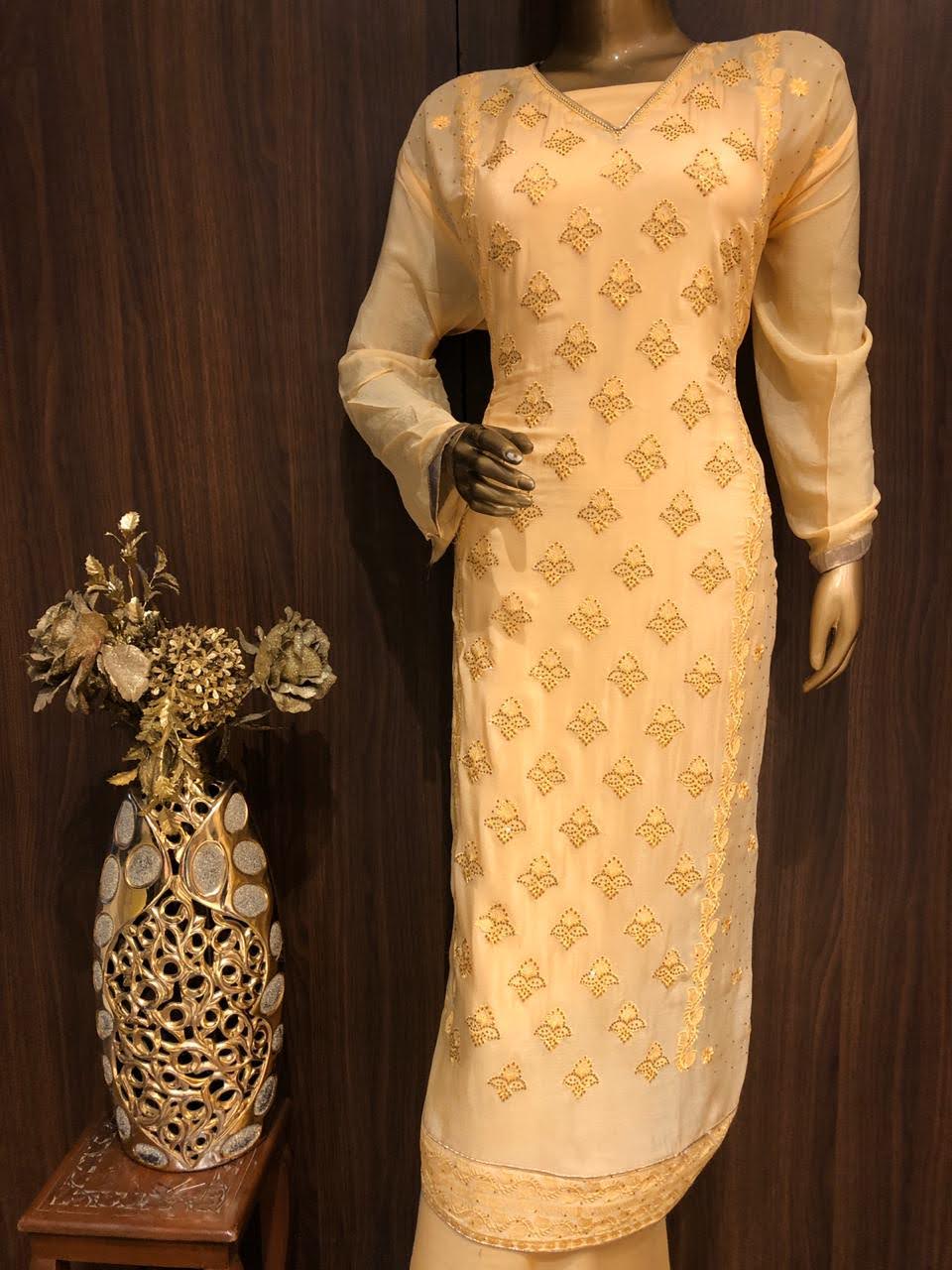 Crepe Silk Dress Material with embroidery and Seroaski Work and Chiffon Dupatta