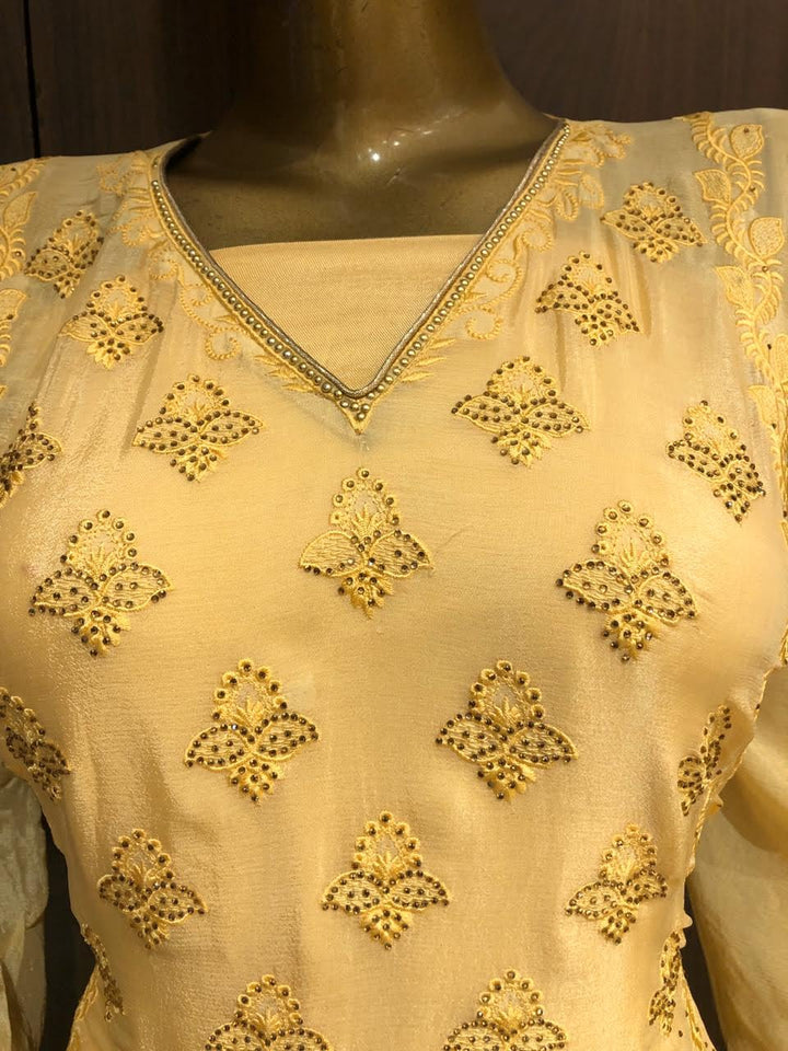 Crepe Silk Dress Material with embroidery and Seroaski Work and Chiffon Dupatta