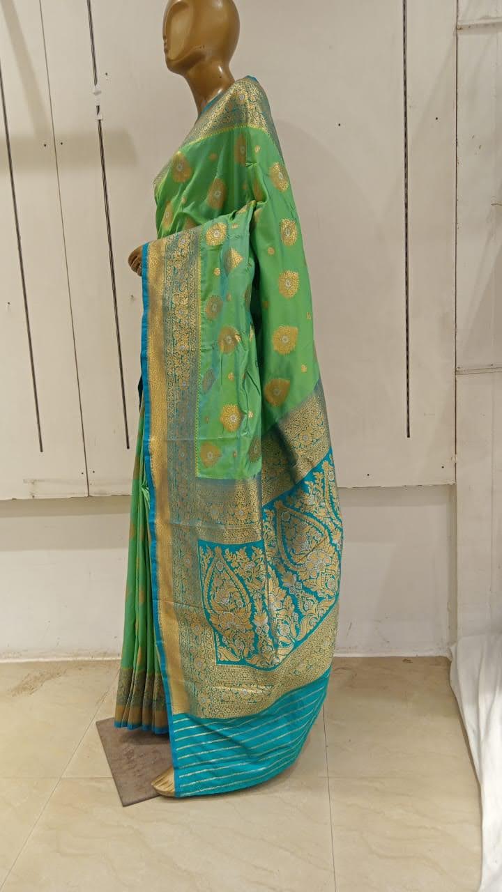 Chhabra 555 Sea Green Banarasi Silk Traditional Saree Embellished With Contrast Pallu & Border