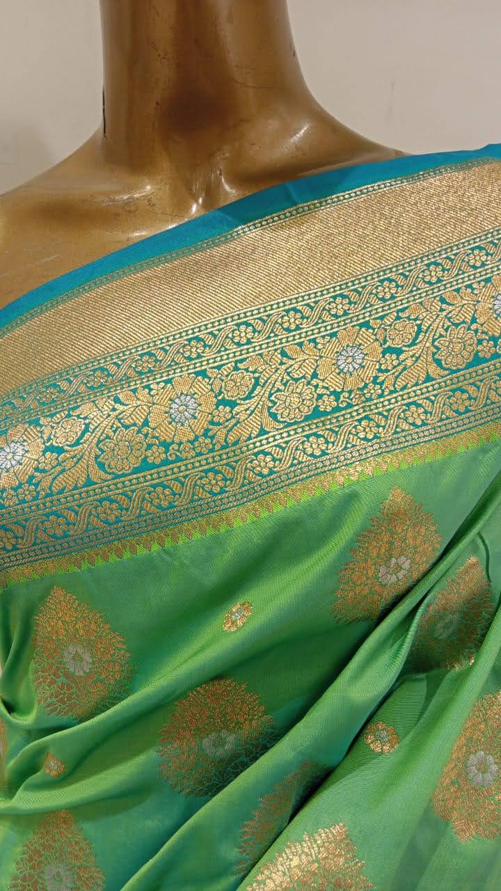 Chhabra 555 Sea Green Banarasi Silk Traditional Saree Embellished With Contrast Pallu & Border