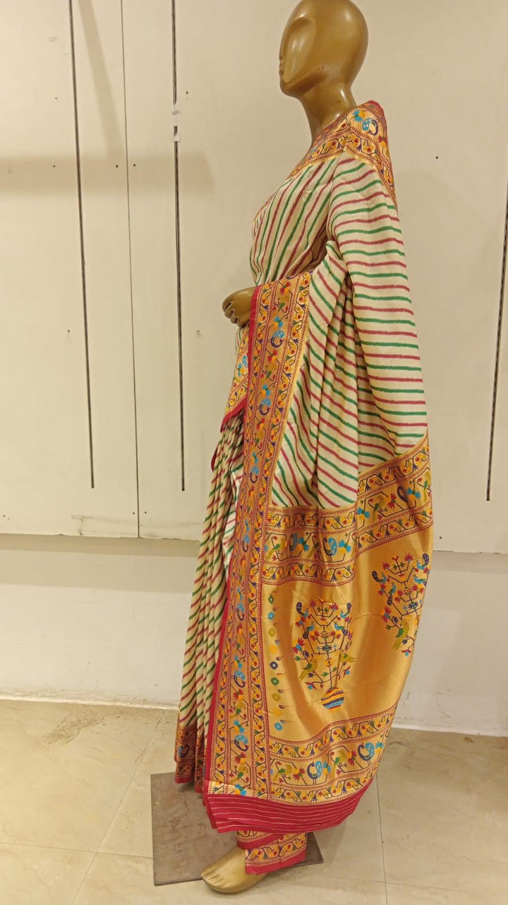 Chhabra 555 Off White Printed Cotton Blended Saree Embellished With Zari Border