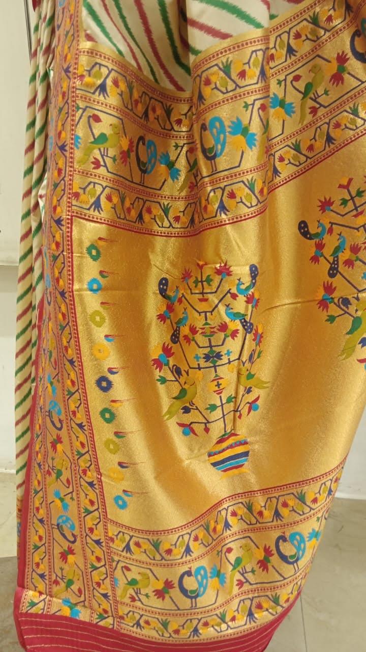 Chhabra 555 Off White Printed Cotton Blended Saree Embellished With Zari Border