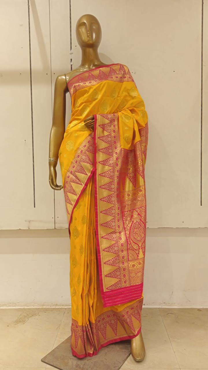 Chhabra 555 Yellow Banarasi Silk Traditional Saree Embellished With Contrast Pallu & Border