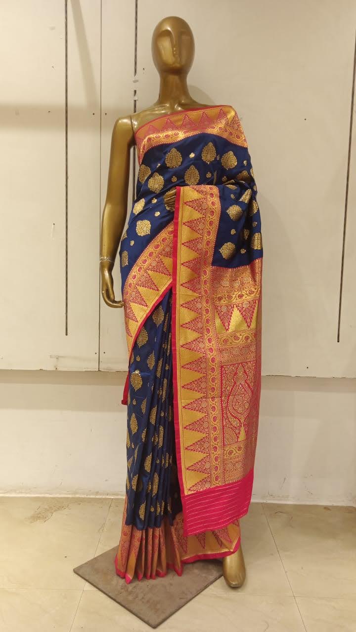 Chhabra 555 Blue Banarasi Silk Traditional Saree Embellished With Contrast Pallu & Border