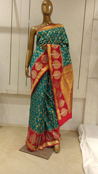 Chhabra 555 Teal Blue & Red Zaal Zari Woven Embellished Saree With Beautiful Bold Contrast Border and Pallu