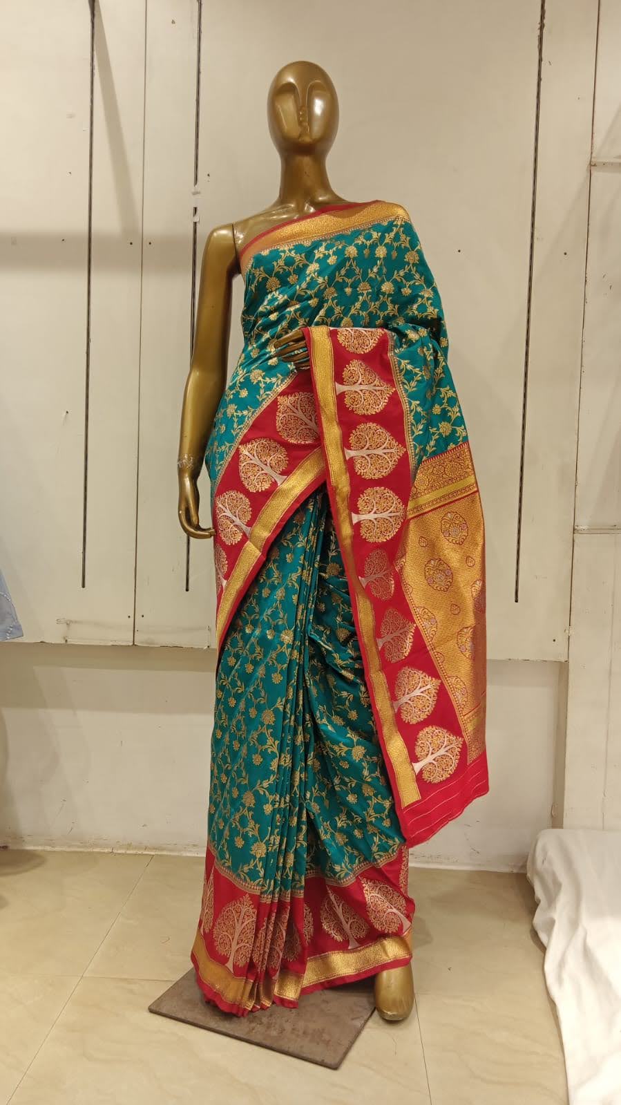 Chhabra 555 Teal Blue & Red Zaal Zari Woven Embellished Saree With Beautiful Bold Contrast Border and Pallu