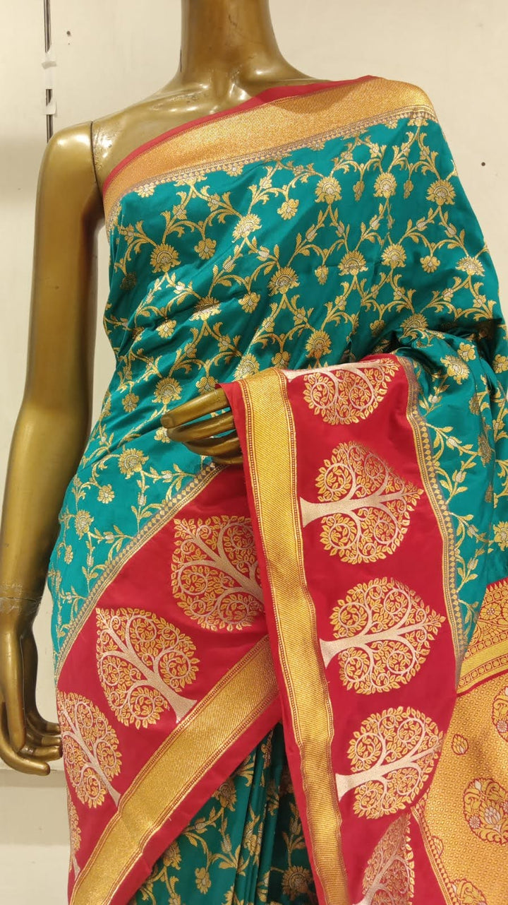 Chhabra 555 Teal Blue & Red Zaal Zari Woven Embellished Saree With Beautiful Bold Contrast Border and Pallu