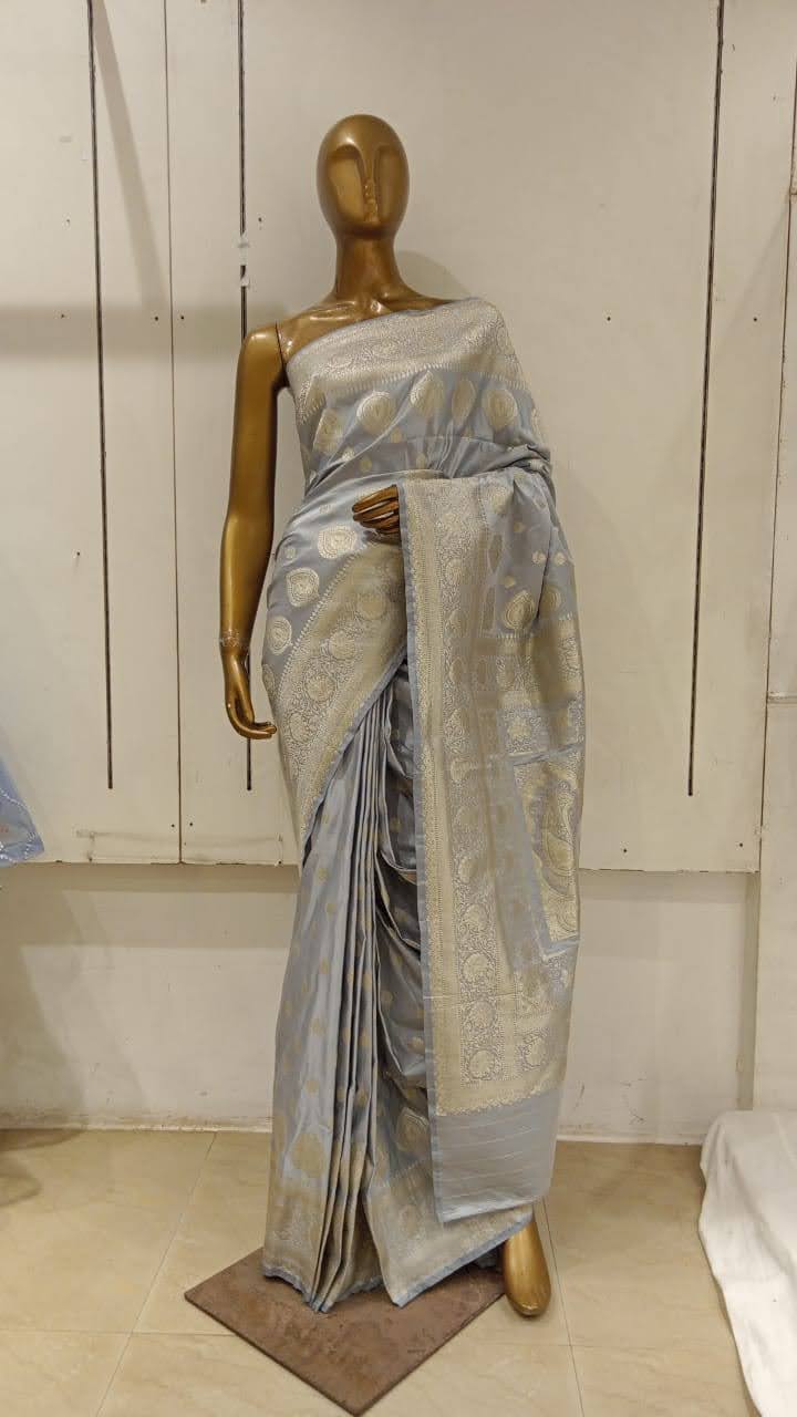 Chhabra 555 Silver Grey Zari Embellished Heavy Kanjeewaram Saree
