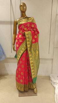 Chhabra 555 Pink & Green Zari Embellished Silk Blend Saree With Contrast Border & Pallu