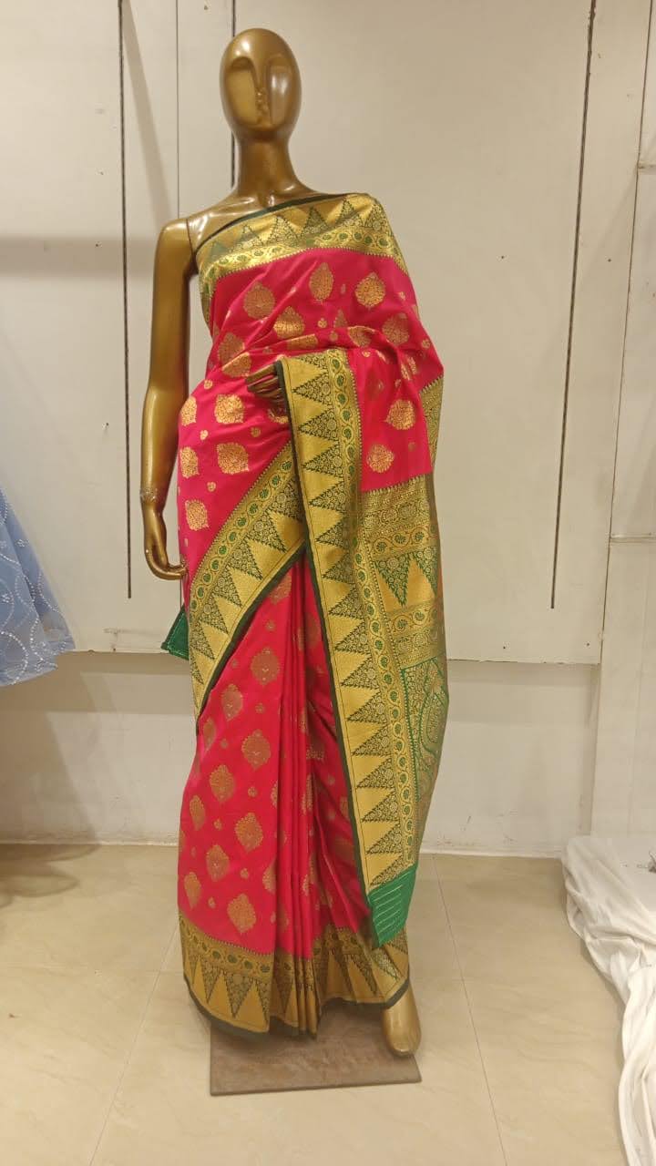 Chhabra 555 Pink & Green Zari Embellished Silk Blend Saree With Contrast Border & Pallu