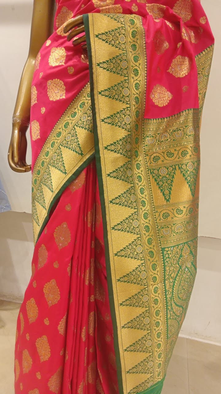 Chhabra 555 Pink & Green Zari Embellished Silk Blend Saree With Contrast Border & Pallu