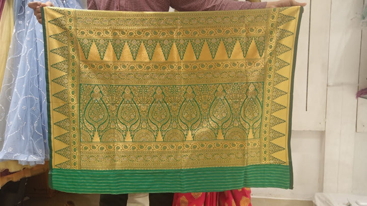 Chhabra 555 Pink & Green Zari Embellished Silk Blend Saree With Contrast Border & Pallu