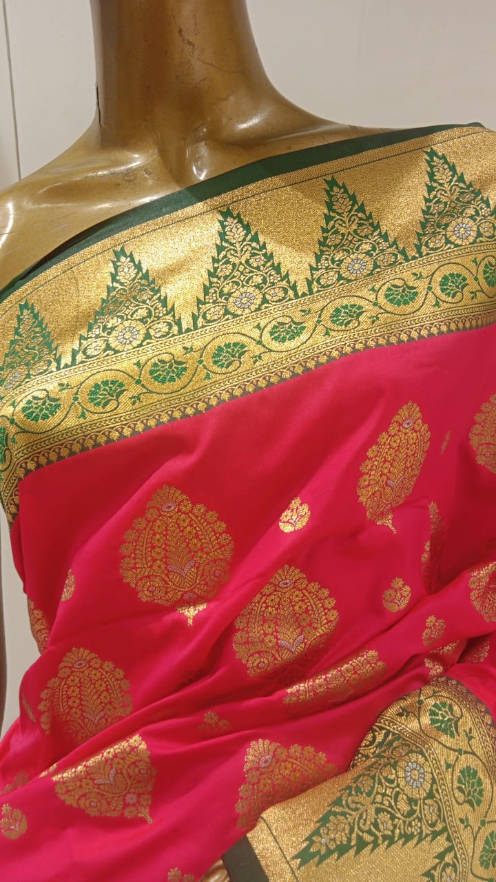 Chhabra 555 Pink & Green Zari Embellished Silk Blend Saree With Contrast Border & Pallu