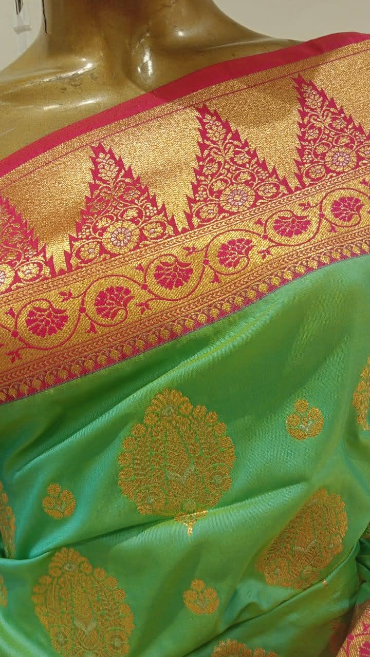 Chhabra 555 Green & Pink Zari Embellished Silk Blend Saree With Contrast Border & Pallu