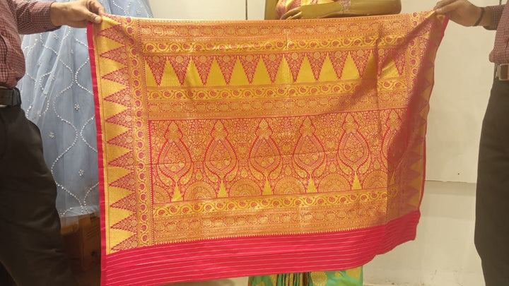 Chhabra 555 Green & Pink Zari Embellished Silk Blend Saree With Contrast Border & Pallu