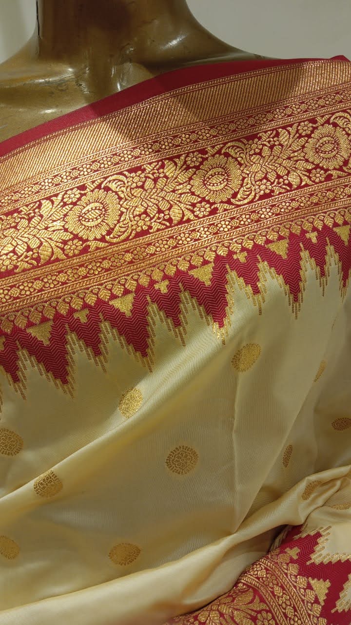Chhabra 555 White Bengali Style Silk Blend Ethnic Saree Embellished With Temple Border