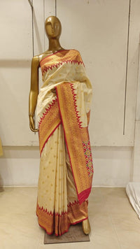 Chhabra 555 White Bengali Style Silk Blend Ethnic Saree Embellished With Temple Border