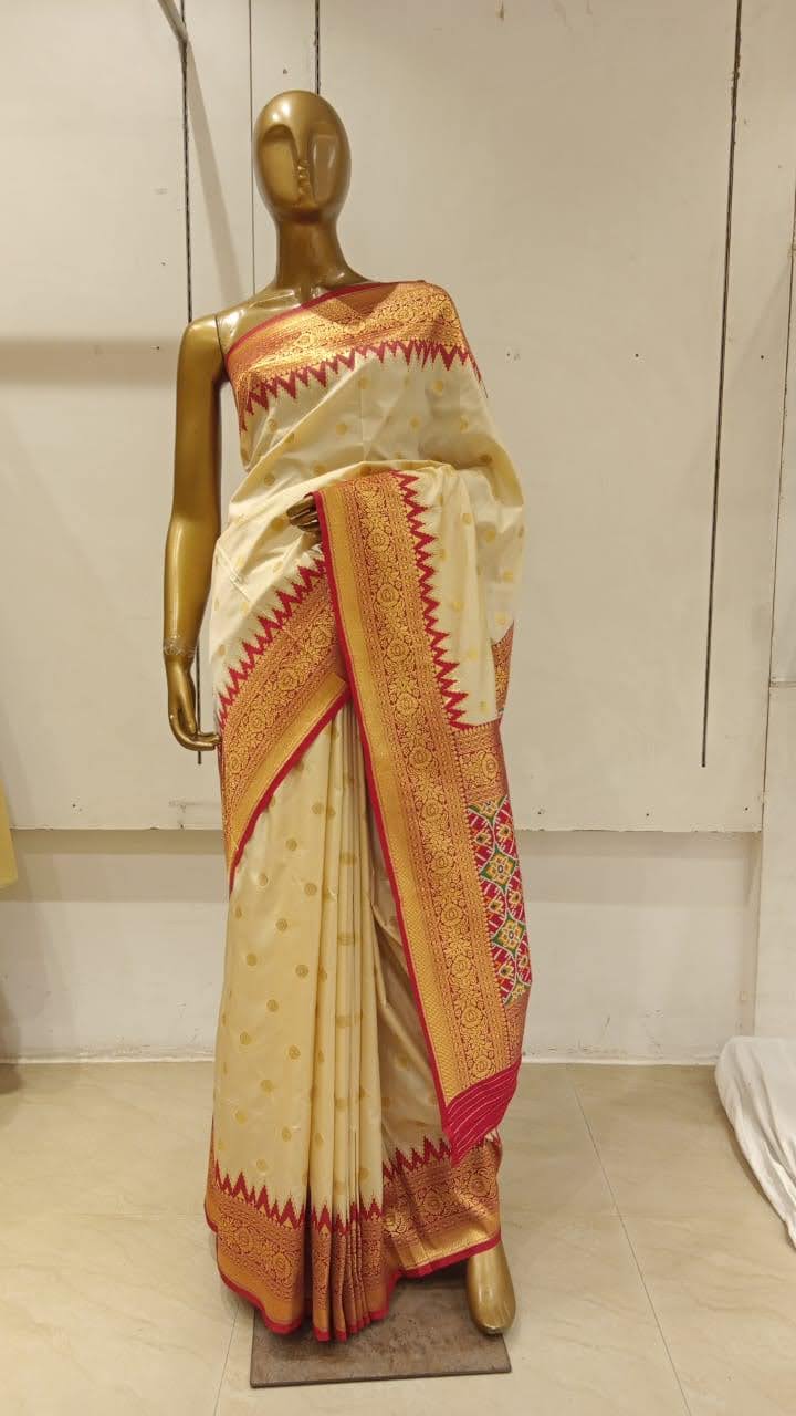 Chhabra 555 White Bengali Style Silk Blend Ethnic Saree Embellished With Temple Border