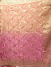 Banarasi Silk Zari Woven Paisley Ombre Saree with Sequin Scalloped Border in Peach & Magenta