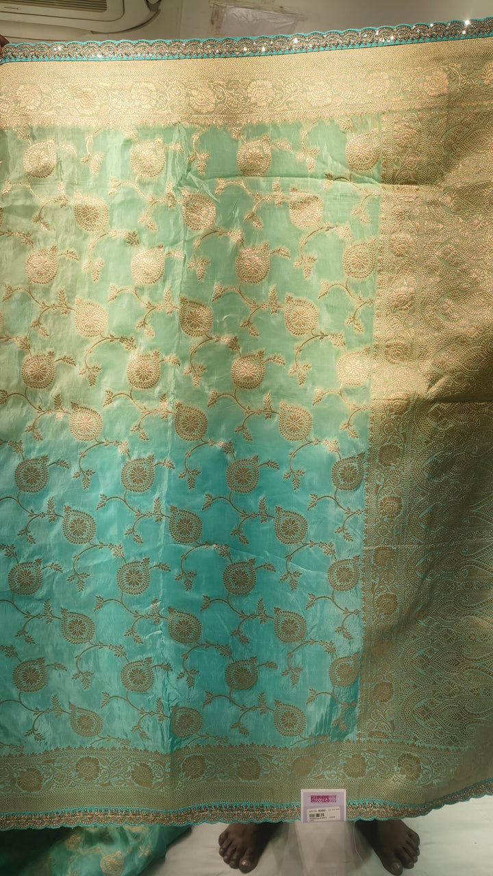 Banarasi Silk Zari Woven Paisley Ombre Saree with Sequin Scalloped Border in Mint & Teal