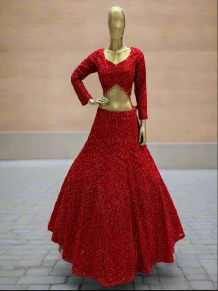 Crimson Red Embroidered Readymade Lehenga