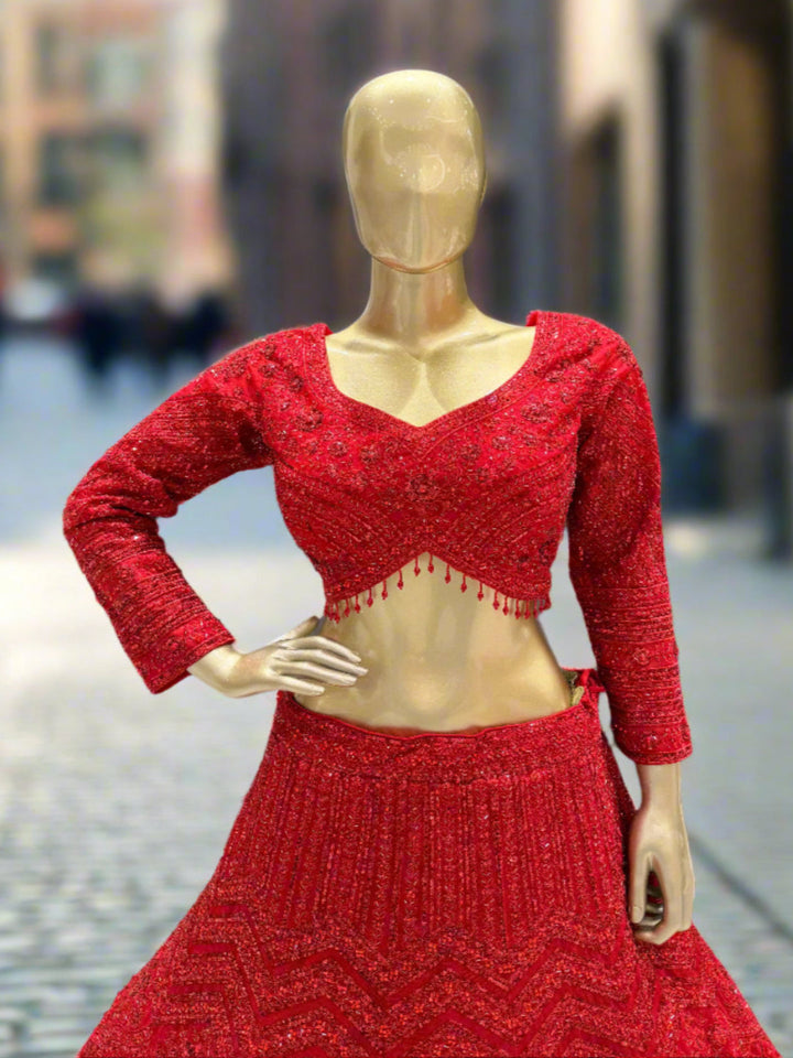 Crimson Red Embroidered Readymade Lehenga
