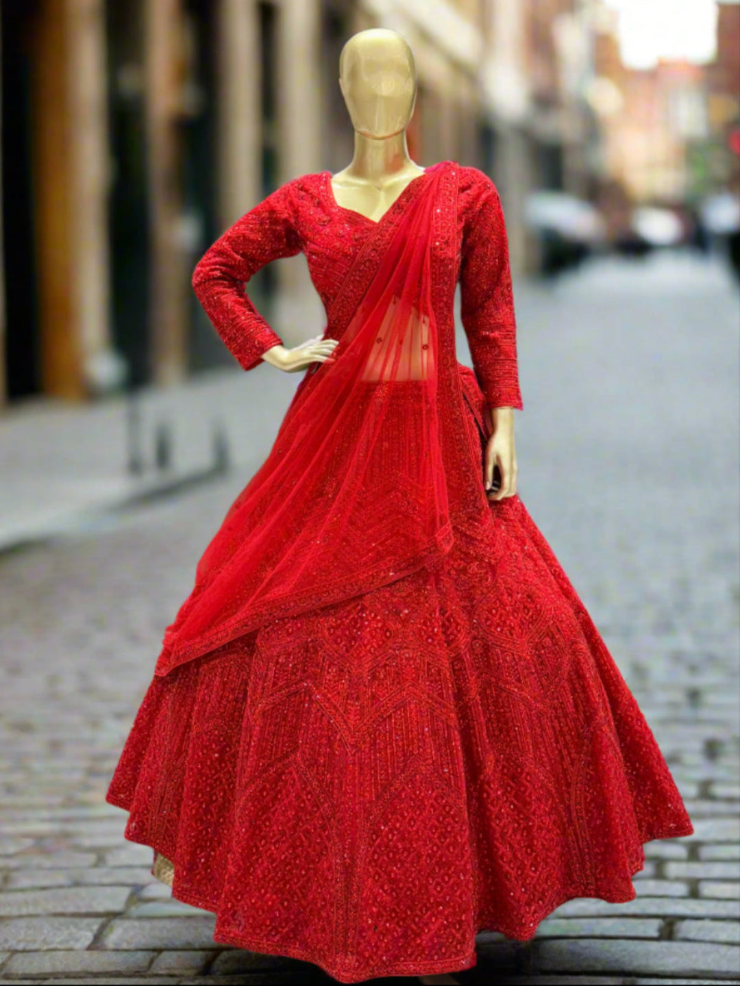 Crimson Red Embroidered Readymade Lehenga