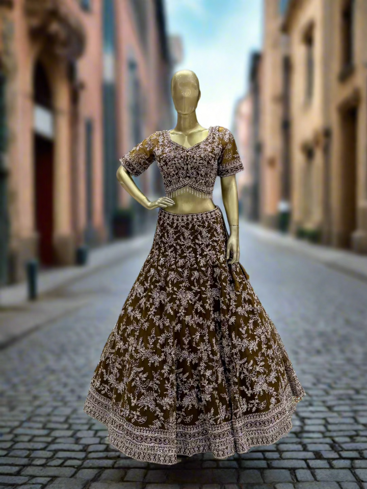 Mustard Green Embroidered Readymade Lehenga