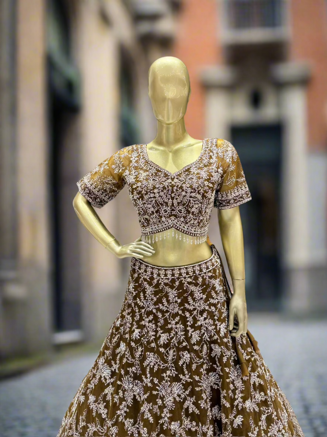 Mustard Green Embroidered Readymade Lehenga