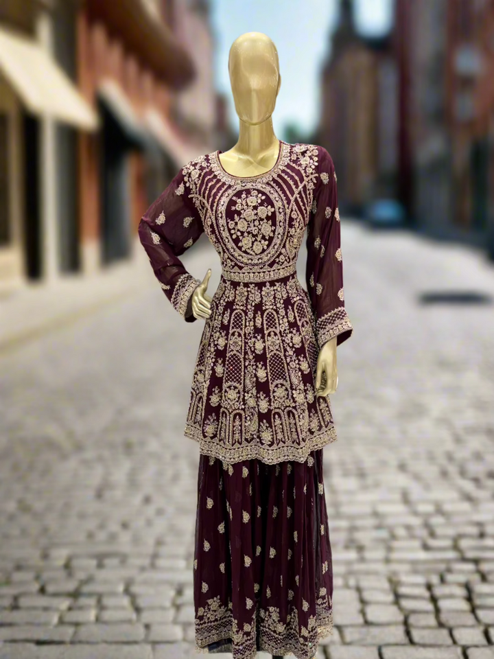 Maroon Georgette Embroidered Sharara
