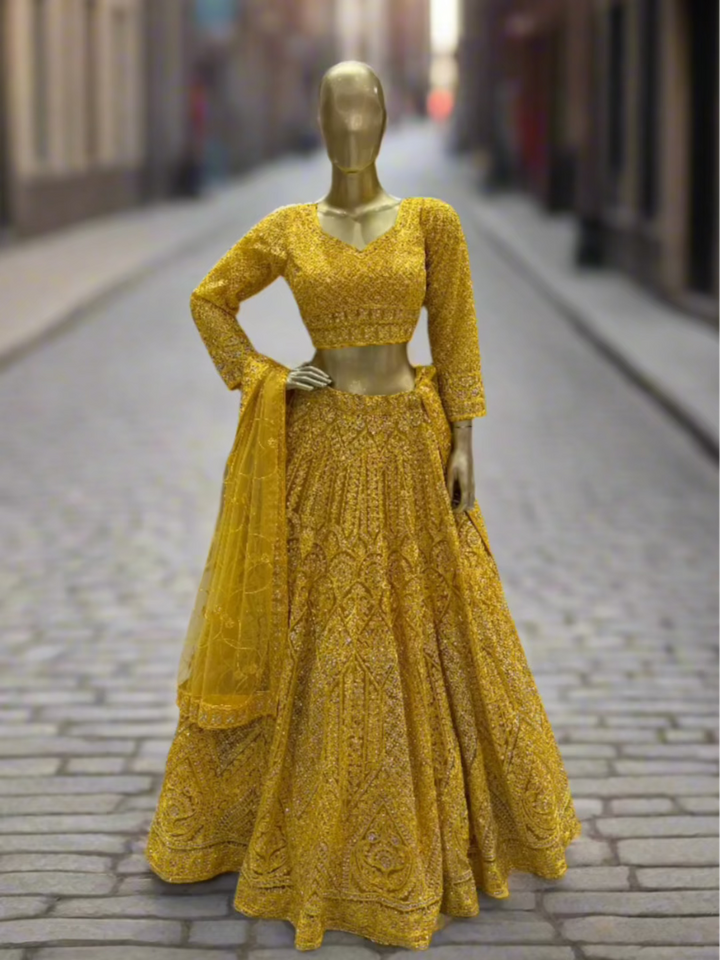 Mustard Yellow Embroidered Readymade Lehenga