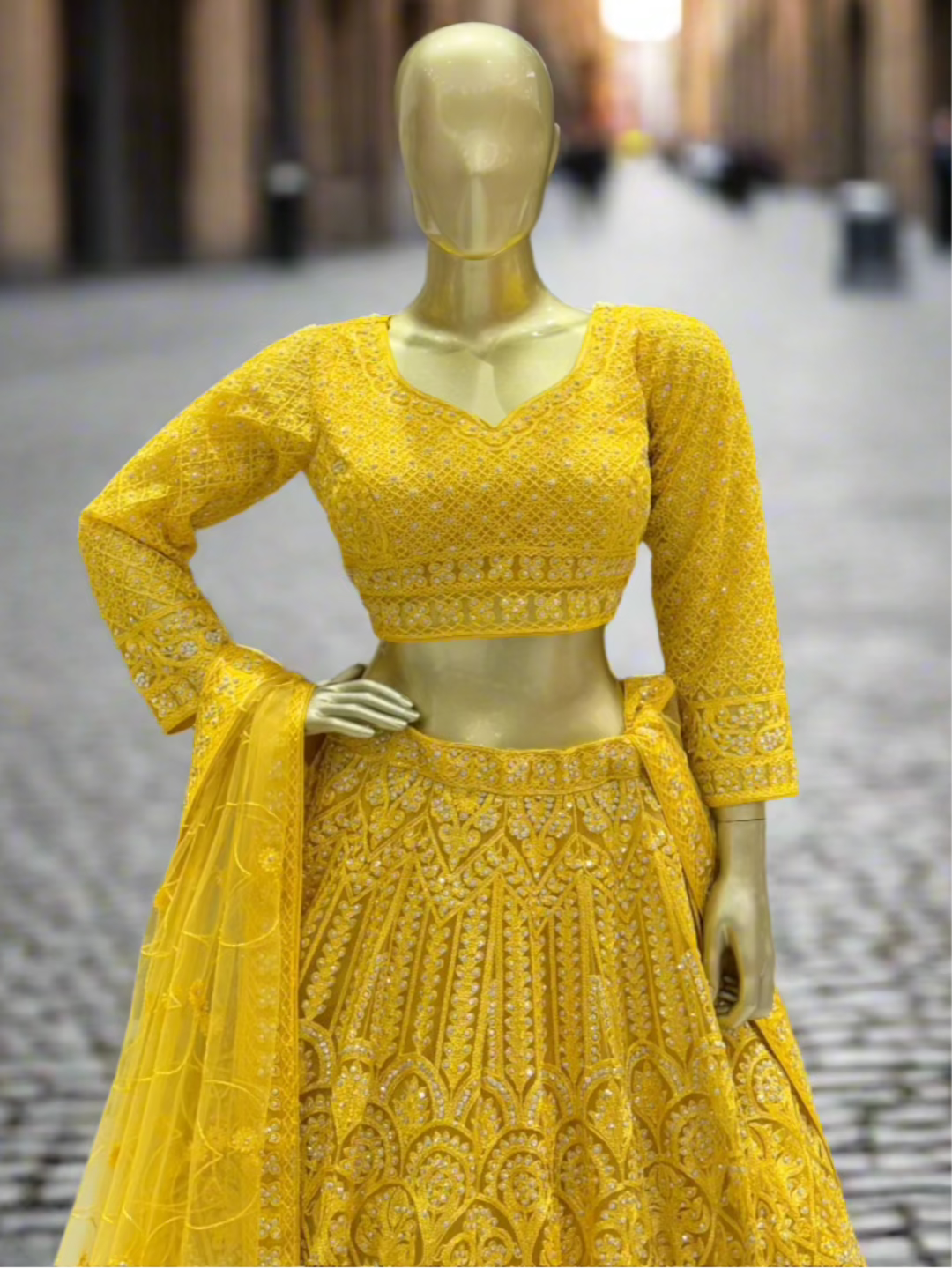 Mustard Yellow Embroidered Readymade Lehenga