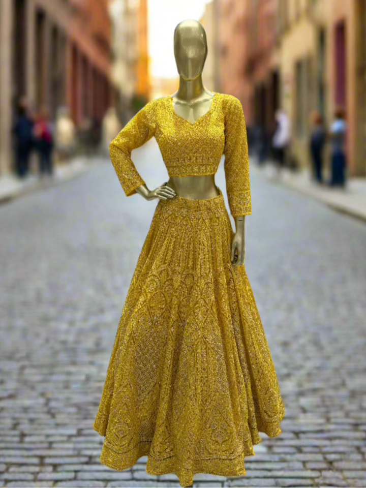 Mustard Yellow Embroidered Readymade Lehenga