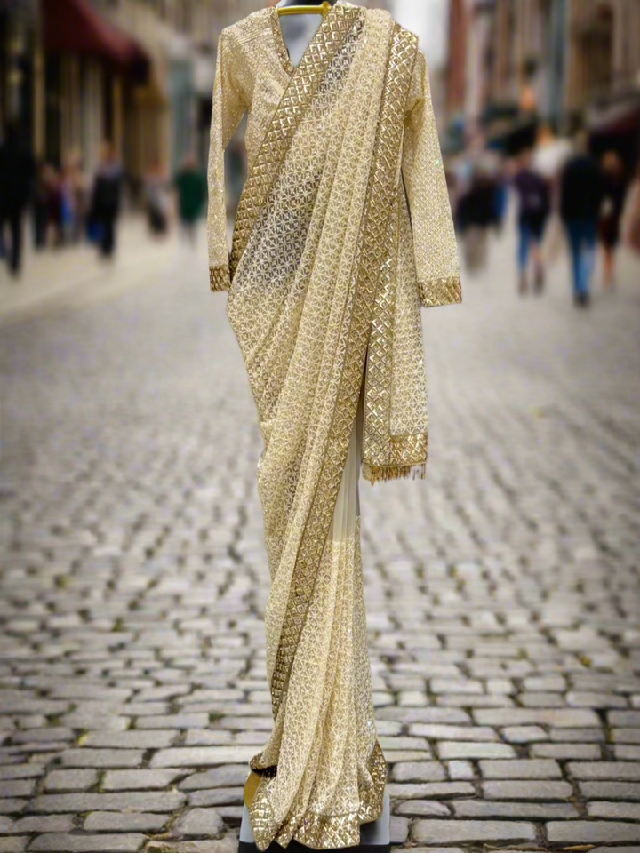 Ivory and Gold Embroidered Readymade Saree
