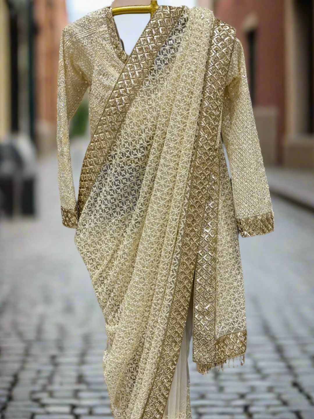 Ivory and Gold Embroidered Readymade Saree